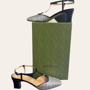 Gucci Marmont Glitter Patent Leather T Strap Heels
